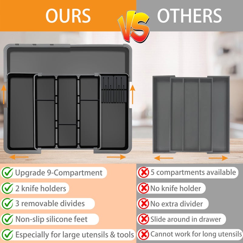 Homecor Large Utensil Drawer Organizer for Kitchen, Expandable Silverware Organizer Utensil Holder, Cutlery and Flatware Cooking Tray, Kitchen Drawer Organizers and Storage with Removable Knife Block, Black - Image 5