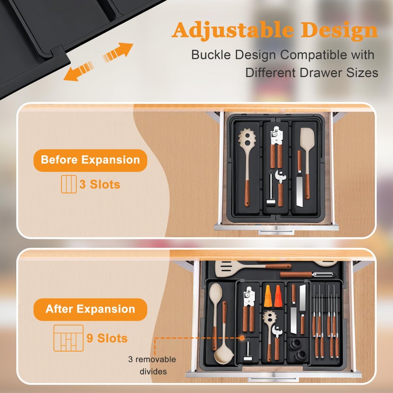 Homecor Large Utensil Drawer Organizer for Kitchen, Expandable Silverware Organizer Utensil Holder, Cutlery and Flatware Cooking Tray, Kitchen Drawer Organizers and Storage with Removable Knife Block, Black - Image 3