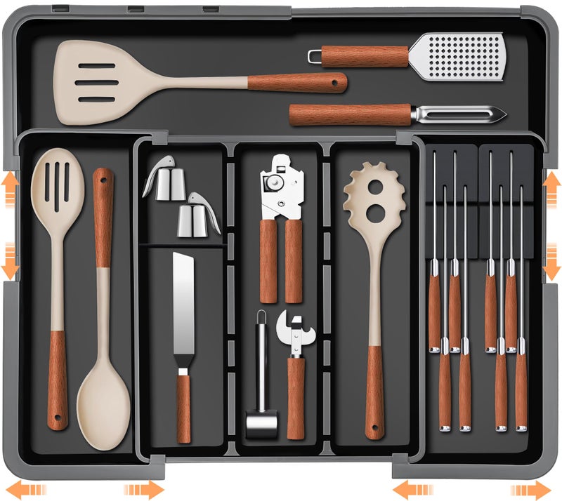 Homecor Large Utensil Drawer Organizer for Kitchen, Expandable Silverware Organizer Utensil Holder, Cutlery and Flatware Cooking Tray, Kitchen Drawer Organizers and Storage with Removable Knife Block, Black - Image 1