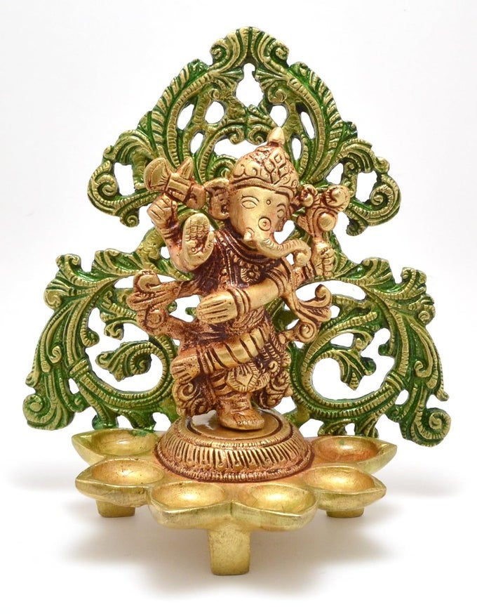 7 INCHES BRASS DANCING GANESHA DESIGN DIYA WITH 6 OIL WICKS BRASS DIYA SHOW PIECES FOR HOME DECOR DIYAS FOR HOMETEMPLE BRASS OIL LAMP GIFTS FOR HOUSEWARMING PACK OF 1