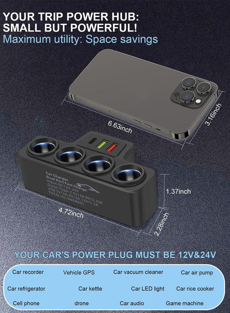 ELLEGLAM Multi-Function Cigarette Lighter Splitter, Cell Phone Car Charger, 4 Cigarette Lighter Sockets, 1 PD Fast Charger Port 2-Port USB Power Adapter for Cell Phones Adapter - Image 3