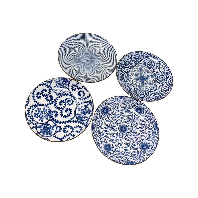 TJ Global Set of 4 Japanese Pottery Ceramic 68 Inch Plates for Any Meal and Dish Japanese Dinnerware and Tableware with Traditional Blue Design