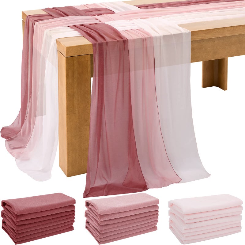 Tudomro 12 Pcs Chiffon Table Runner 10 Ft 15 x 120 Inch Sheer Wedding Decorations Romantic Table Runner for Sweetheart Table Birthday Wedding Party Bridal Shower Dusty Rose Blushing Pink and Pink