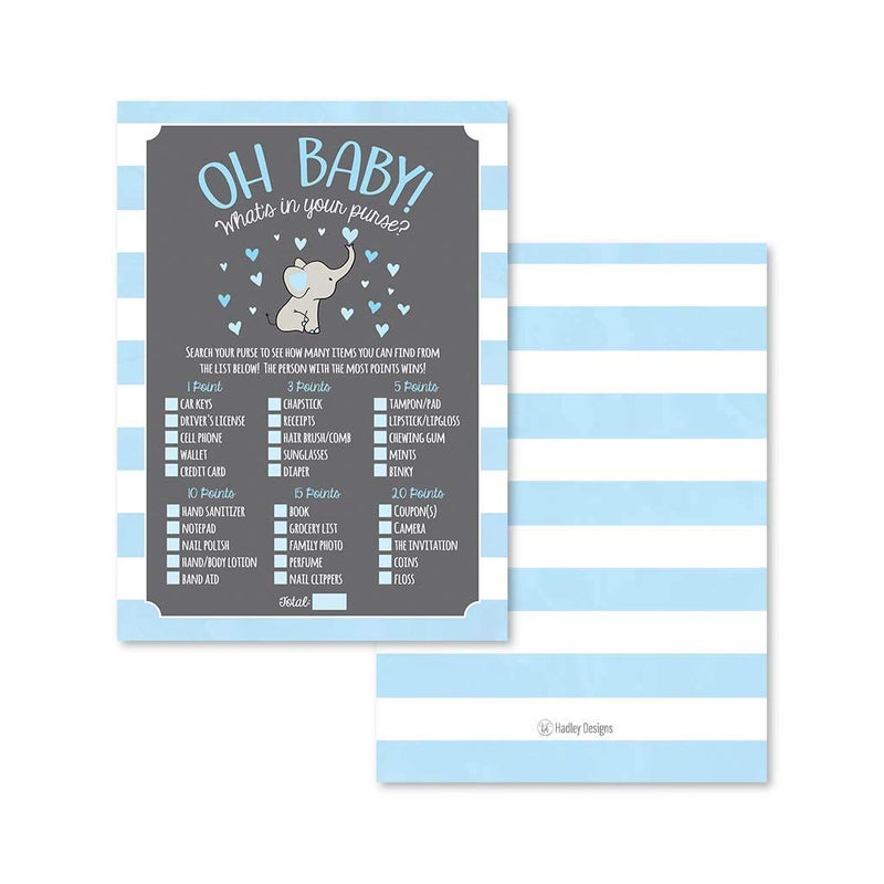 Hadley Designs 25 Blue Elephant Whats in Your Purse Baby Shower Game Funny Idea Coed Couples Game for Baby Party Fun Woodland Themed Bundle Pack of Cards to Play at Boy Gender Kids Supplies