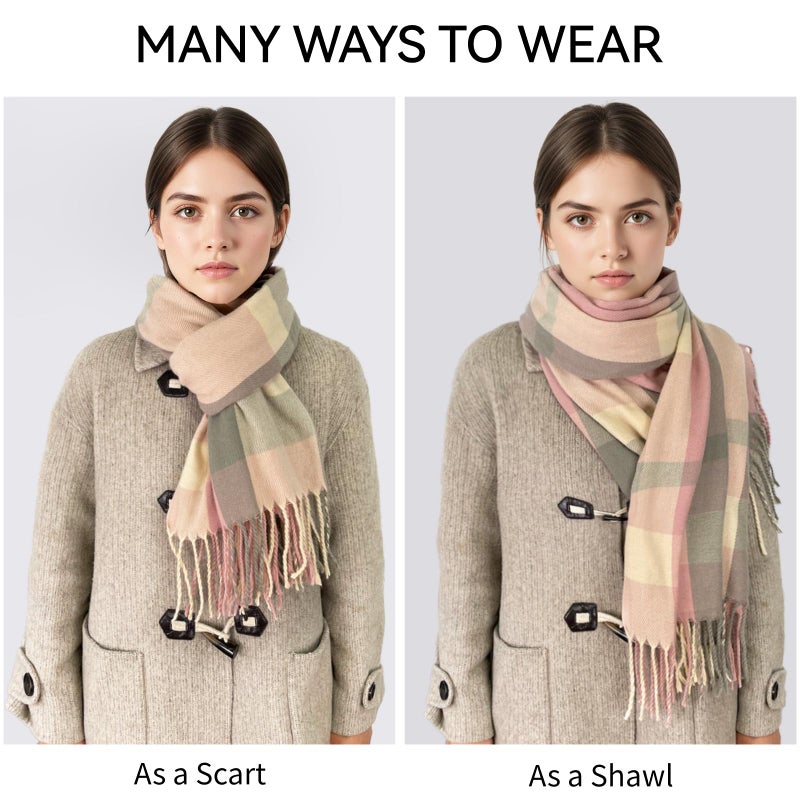 YUHAN PRETTY Winter Scarf for Women Warm Soft Plaid Scarves Fall Cashmere Feel Large Long Blanket Scarf Shawls and Wrapsï¼ˆPink Greyï¼‰ - Image 4