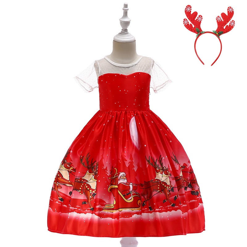 Girls Christmas Dress Christmas Dress Party Costume Childrens Cos Santa Claus Costume Princess Dress SD045K-Red (with headband)