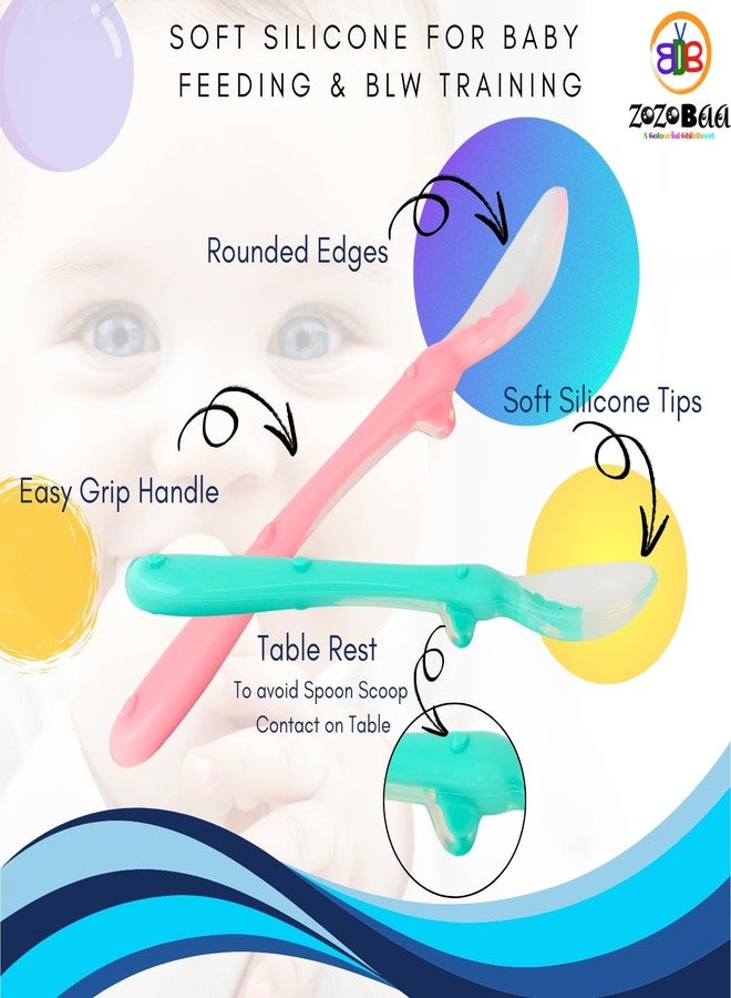 ZoZoBaa Baby Feeding & Weaning Spoon Set of 2 with Ultra Supple 100% Silicone Tip & Ergonomic Handle, BPA Free with Food Grade Material, Self Feeding Utensil for Kids 4 Months+, [Pink Green] - Image 3