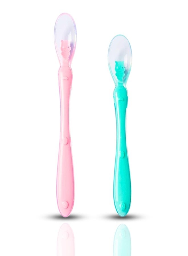 ZoZoBaa Baby Feeding & Weaning Spoon Set of 2 with Ultra Supple 100% Silicone Tip & Ergonomic Handle, BPA Free with Food Grade Material, Self Feeding Utensil for Kids 4 Months+, [Pink Green] - Image 1