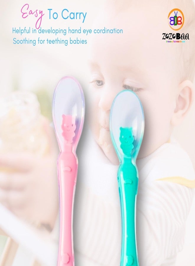 ZoZoBaa Baby Feeding & Weaning Spoon Set of 2 with Ultra Supple 100% Silicone Tip & Ergonomic Handle, BPA Free with Food Grade Material, Self Feeding Utensil for Kids 4 Months+, [Pink Green] - Image 5