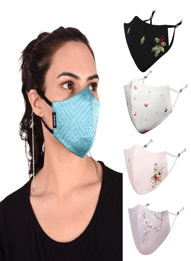 MASQ By Q-One 4 Layer Washable, Reusable, Size Adjustable, Anti-Bacterial (BFE>99%) Embroidered Cotton Cloth Face Mask Combo for Women, Girls with Detachable Chain & Ear Loops (Medium, Pack of 5) - Image 1