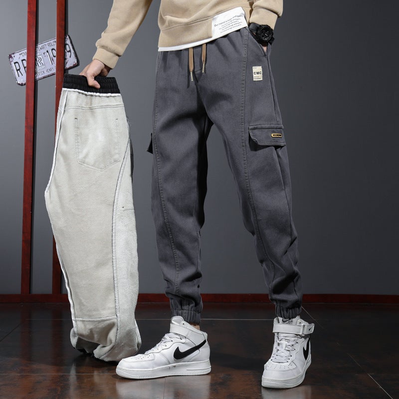 Autumn Winter Men Casual Pants Full Loose Work Pants One-piece Fleece Thickened Warm Underwear Trousers 996 gray velvet 