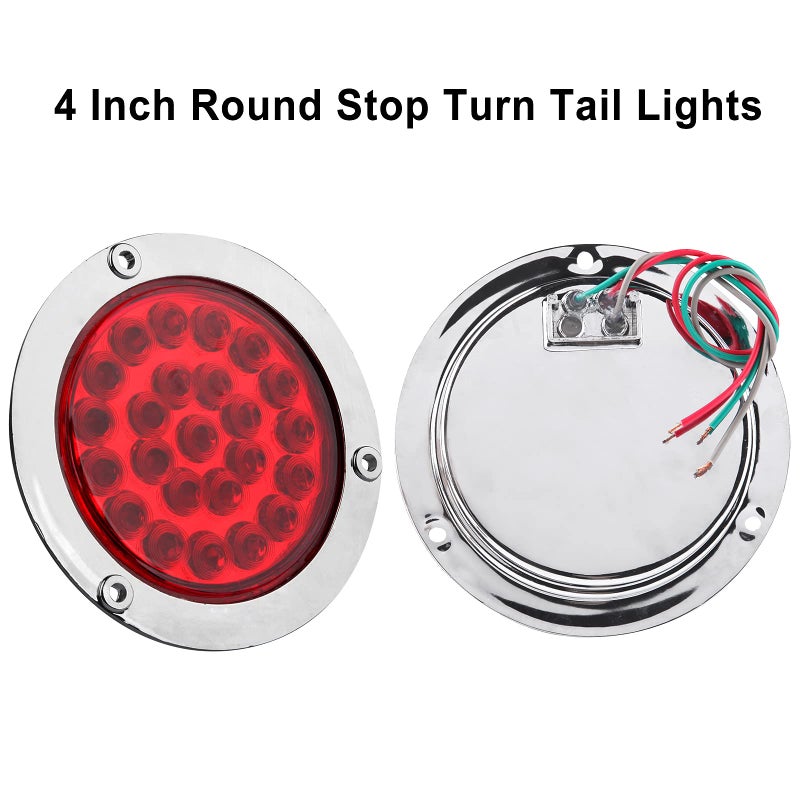 Partswcgg 10Pcs 4 Inch Round Led Trailer Tail Lights Red 24LED, Sealed 4" Round Red LED Stop Turn Tail Lights Brake Trailer Lights Chrome Flange Mount Hardwired Waterproof for RV Trucks 12V DC - Image 2