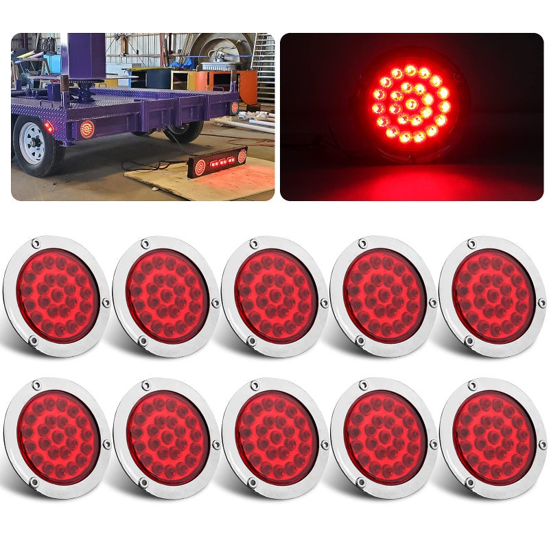 Partswcgg 10Pcs 4 Inch Round Led Trailer Tail Lights Red 24LED, Sealed 4" Round Red LED Stop Turn Tail Lights Brake Trailer Lights Chrome Flange Mount Hardwired Waterproof for RV Trucks 12V DC - Image 1