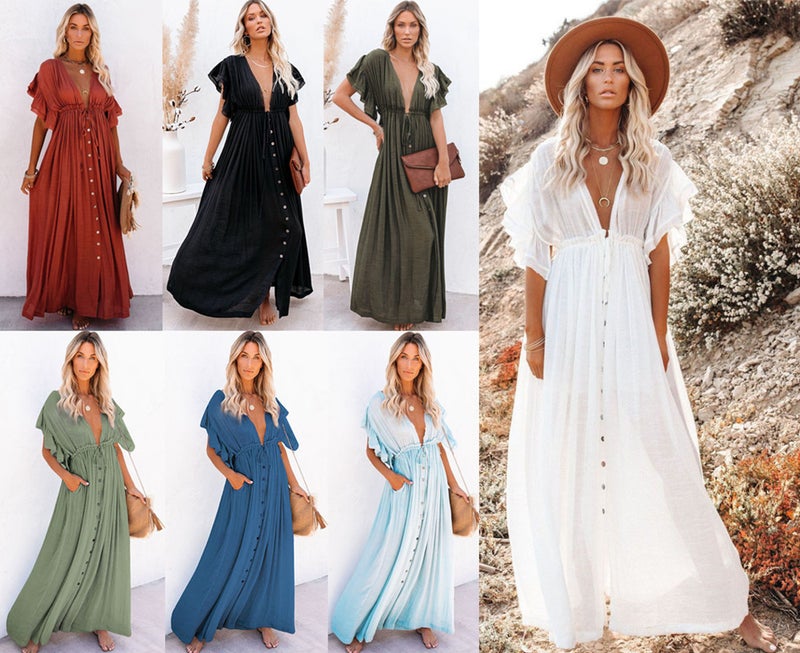 European and American Explosions Cotton Slub Fabric Beach Blouse Sexy Loose plus size Sunscreen Bikini Blouse 10 Color in stock(DN0321 apricot, All yards) - Image 2