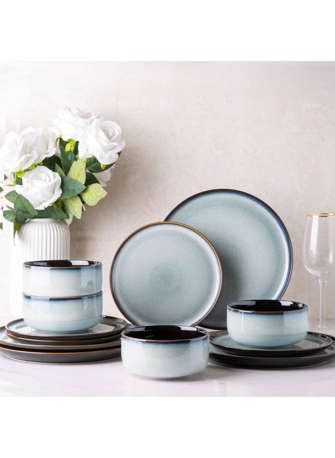 LERATIO طقم أدوات المائدة الخزفية LeRATIO من 4 أطباق وأوعية مصنوعة يدويًا بتزجيج تفاعلي مقاوم للكسر آمن للاستخدام في الفرن وغسالة الصحون خدمة لـ 4 أشخاص باللون الرمادي والأبيض - Image 1