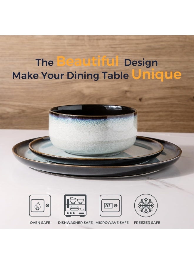 LERATIO طقم أدوات المائدة الخزفية LeRATIO من 4 أطباق وأوعية مصنوعة يدويًا بتزجيج تفاعلي مقاوم للكسر آمن للاستخدام في الفرن وغسالة الصحون خدمة لـ 4 أشخاص باللون الرمادي والأبيض - Image 2