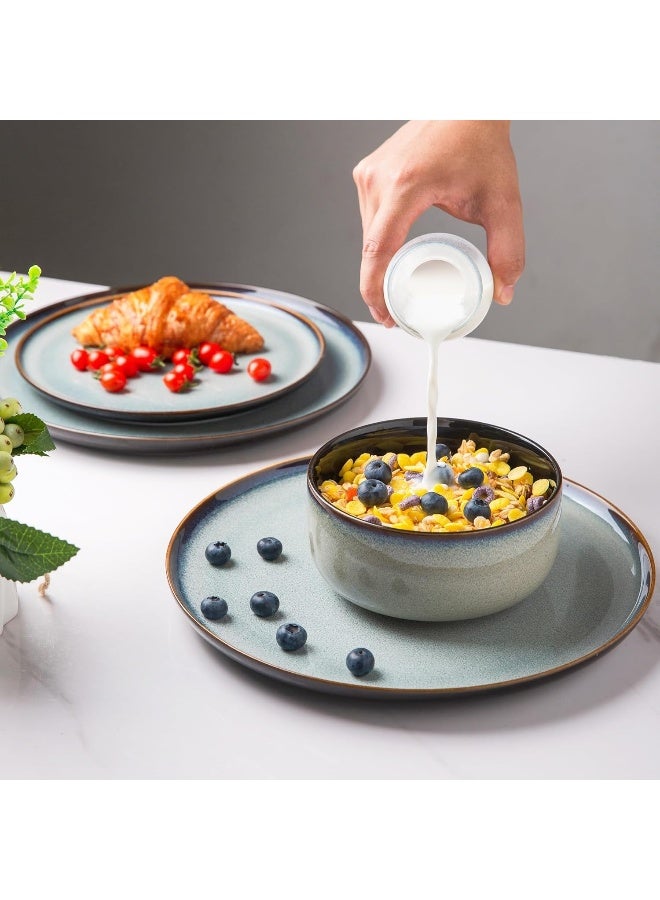 LERATIO طقم أدوات المائدة الخزفية LeRATIO من 4 أطباق وأوعية مصنوعة يدويًا بتزجيج تفاعلي مقاوم للكسر آمن للاستخدام في الفرن وغسالة الصحون خدمة لـ 4 أشخاص باللون الرمادي والأبيض - Image 4