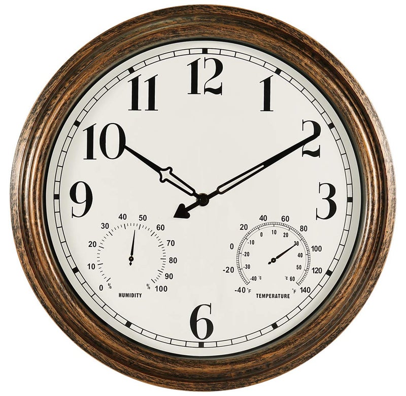 Rsobl Rsobl 16 Inch Large Indoor Outdoor Wall ClockWaterproof NonTicking Clock with Thermometer and Hygrometer ComboBattery Operated Clock Wall DecorativeBronze 