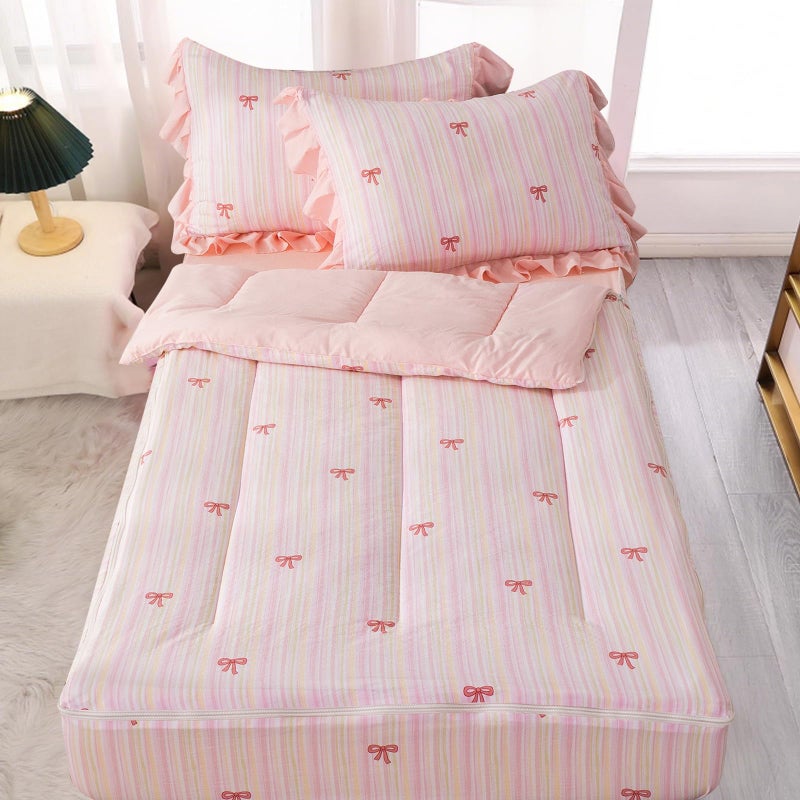 A Nice Night Zipper Bedding Pink Bow Printed on Colorful Rainbow Background Zippered Kids Comforter Set,Seersucker Chic Style Ultra Soft,Twin - Image 1