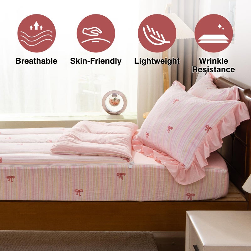 A Nice Night Zipper Bedding Pink Bow Printed on Colorful Rainbow Background Zippered Kids Comforter Set,Seersucker Chic Style Ultra Soft,Twin - Image 3
