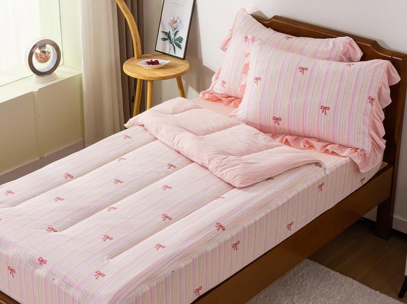 A Nice Night Zipper Bedding Pink Bow Printed on Colorful Rainbow Background Zippered Kids Comforter Set,Seersucker Chic Style Ultra Soft,Twin - Image 2