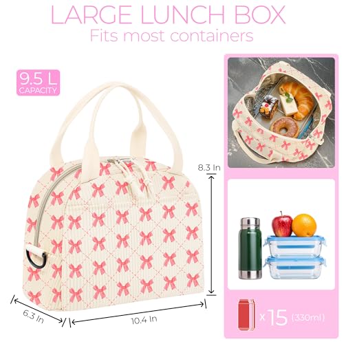WOBAGMEN Lunch Box for Women,Lunch Bag Cute Corduroy Insulated Lunch Box With Shoulder Strap for Adult Womens for Work Picnic (pink bow) - Image 2