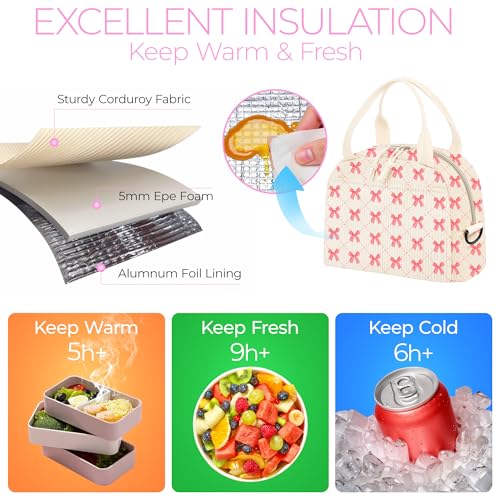 WOBAGMEN Lunch Box for Women,Lunch Bag Cute Corduroy Insulated Lunch Box With Shoulder Strap for Adult Womens for Work Picnic (pink bow) - Image 3
