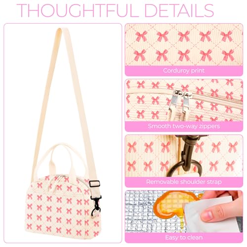 WOBAGMEN Lunch Box for Women,Lunch Bag Cute Corduroy Insulated Lunch Box With Shoulder Strap for Adult Womens for Work Picnic (pink bow) - Image 4