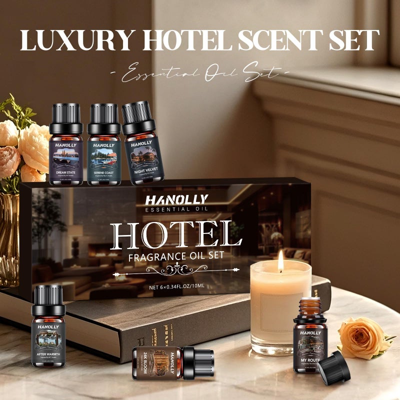 Hanolly Hotel Diffuser Oils Gift Set - 6x10ML Luxury Hotel Scent Essential Oils Set for Diffuser, Candle Making - My Route, Serene Coast, Night Velvet, 24K Bloom, Dream State, After Warmth Fragrance Oil - Image 5