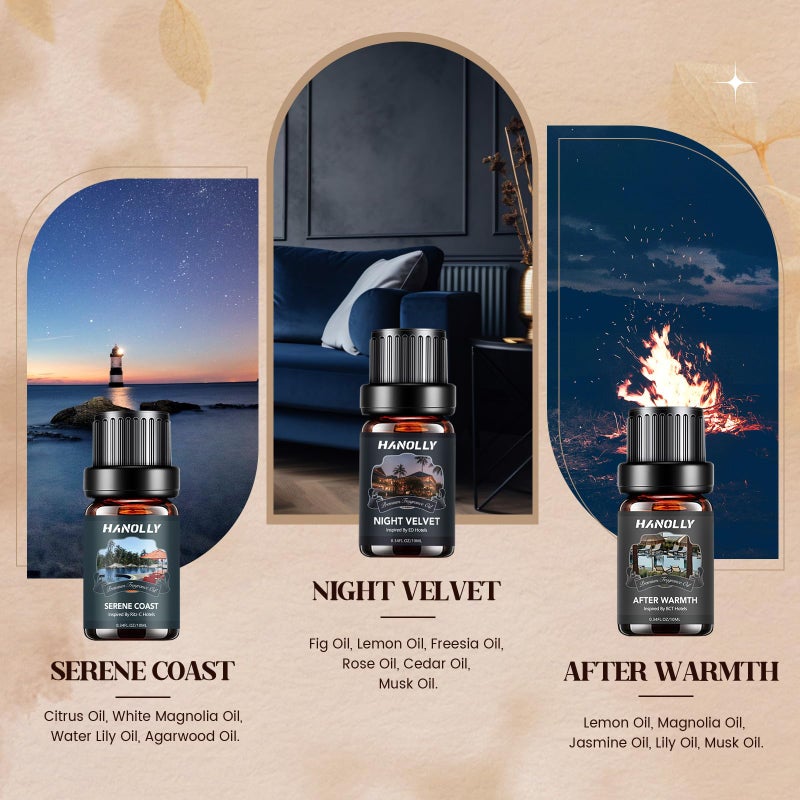 Hanolly Hotel Diffuser Oils Gift Set - 6x10ML Luxury Hotel Scent Essential Oils Set for Diffuser, Candle Making - My Route, Serene Coast, Night Velvet, 24K Bloom, Dream State, After Warmth Fragrance Oil - Image 3