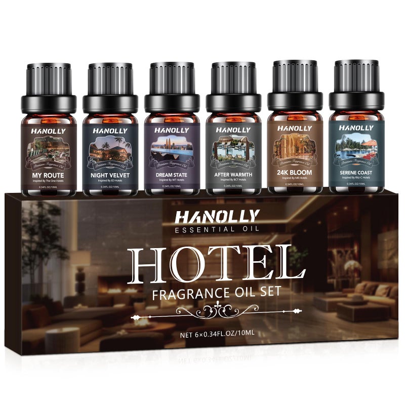Hanolly Hotel Diffuser Oils Gift Set - 6x10ML Luxury Hotel Scent Essential Oils Set for Diffuser, Candle Making - My Route, Serene Coast, Night Velvet, 24K Bloom, Dream State, After Warmth Fragrance Oil - Image 1