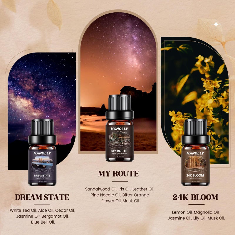 Hanolly Hotel Diffuser Oils Gift Set - 6x10ML Luxury Hotel Scent Essential Oils Set for Diffuser, Candle Making - My Route, Serene Coast, Night Velvet, 24K Bloom, Dream State, After Warmth Fragrance Oil - Image 4