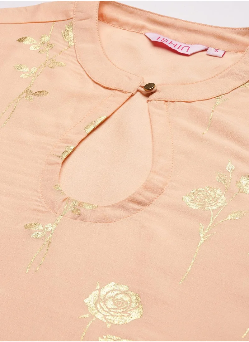 آي شين Straight Fit Printed Pattern Round Neck Three-Quarter Sleeves Peach Colour Woven Cotton Kurta Set for Women with Semi Elastic Closure - Crafted for Elegance and Ease