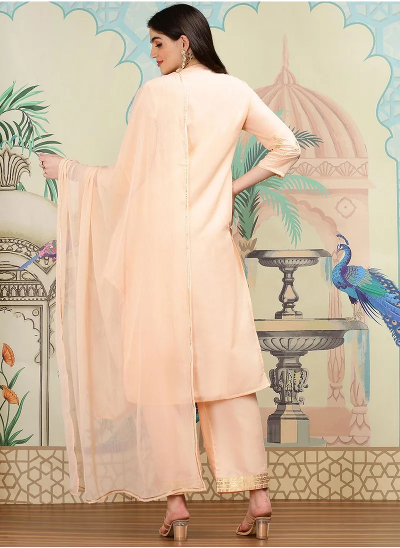 آي شين Straight Fit Printed Pattern Round Neck Three-Quarter Sleeves Peach Colour Woven Cotton Kurta Set for Women with Semi Elastic Closure - Crafted for Elegance and Ease