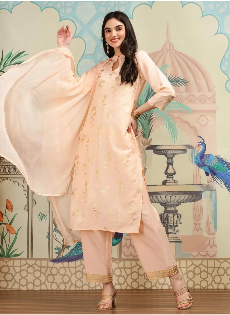 ISHIN Straight Fit Printed Pattern Round Neck Three-Quarter Sleeves Peach Colour Woven Cotton Kurta Set for Women with Semi Elastic Closure - Crafted for Elegance and Ease