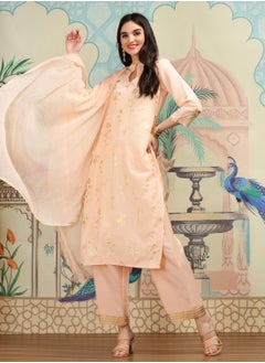 ISHIN Straight Fit Printed Pattern Round Neck Three-Quarter Sleeves Peach Colour Woven Cotton Kurta Set for Women with Semi Elastic Closure - Crafted for Elegance and Ease  - Image 1