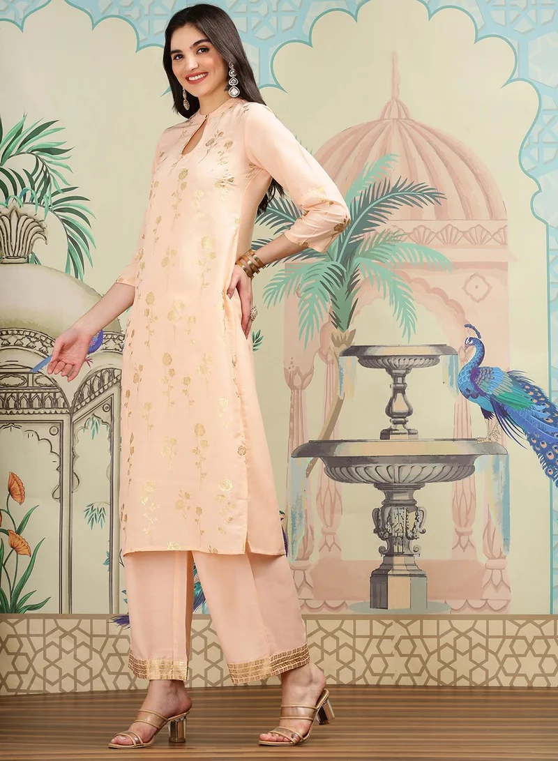 ISHIN Women's Peach 100% Cotton Printed Straight Fit Kurta Set
