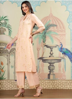 ISHIN Straight Fit Printed Pattern Round Neck Three-Quarter Sleeves Peach Colour Woven Cotton Kurta Set for Women with Semi Elastic Closure - Crafted for Elegance and Ease  - Image 3