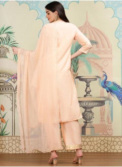 ISHIN Straight Fit Printed Pattern Round Neck Three-Quarter Sleeves Peach Colour Woven Cotton Kurta Set for Women with Semi Elastic Closure - Crafted for Elegance and Ease  - Image 2