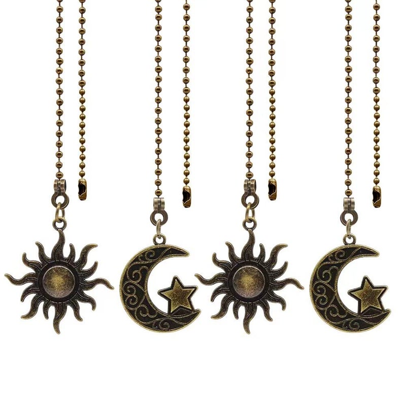 Dotlite 4Pack Ceiling Fan Pull Chain Set Decorative Totem Bohemia Pull Chain Pendant Extension 12 Inches Lighting Fan Beaded Ball Fan Pull Chain Extender Ornament with Connector Moon and Sun Copper