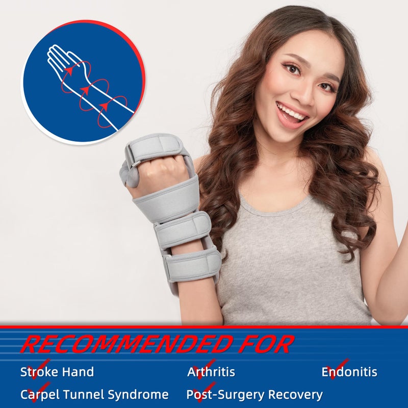 فانوير Fanwer Stroke يستريح جبيرة اليد اليسرى واليمنى جبيرة دعامة لمرضى السكتة الدماغية - دعامة إصبع المعصم الوظيفية الليلية لدعم استقامة الأصابع والتهاب المفاصل ومتلازمة النفق الرسغي والتهاب الأوتار (رمادي) - Image 2
