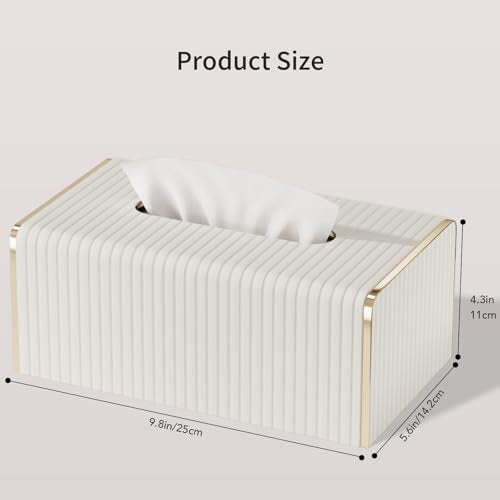 LADSTAG Tissue Box Cover,White Rectangle Leather Tissue Box Holder with Gold-Tone Edging Decoration,Decorative Tissue Cover for Bathroom Toilet Bedroom Living Room Table Desk Office (White, Rectangle) - Image 3