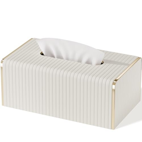 LADSTAG Tissue Box Cover,White Rectangle Leather Tissue Box Holder with Gold-Tone Edging Decoration,Decorative Tissue Cover for Bathroom Toilet Bedroom Living Room Table Desk Office (White, Rectangle) - Image 1