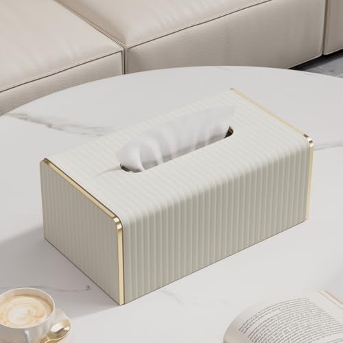 LADSTAG Tissue Box Cover,White Rectangle Leather Tissue Box Holder with Gold-Tone Edging Decoration,Decorative Tissue Cover for Bathroom Toilet Bedroom Living Room Table Desk Office (White, Rectangle) - Image 4