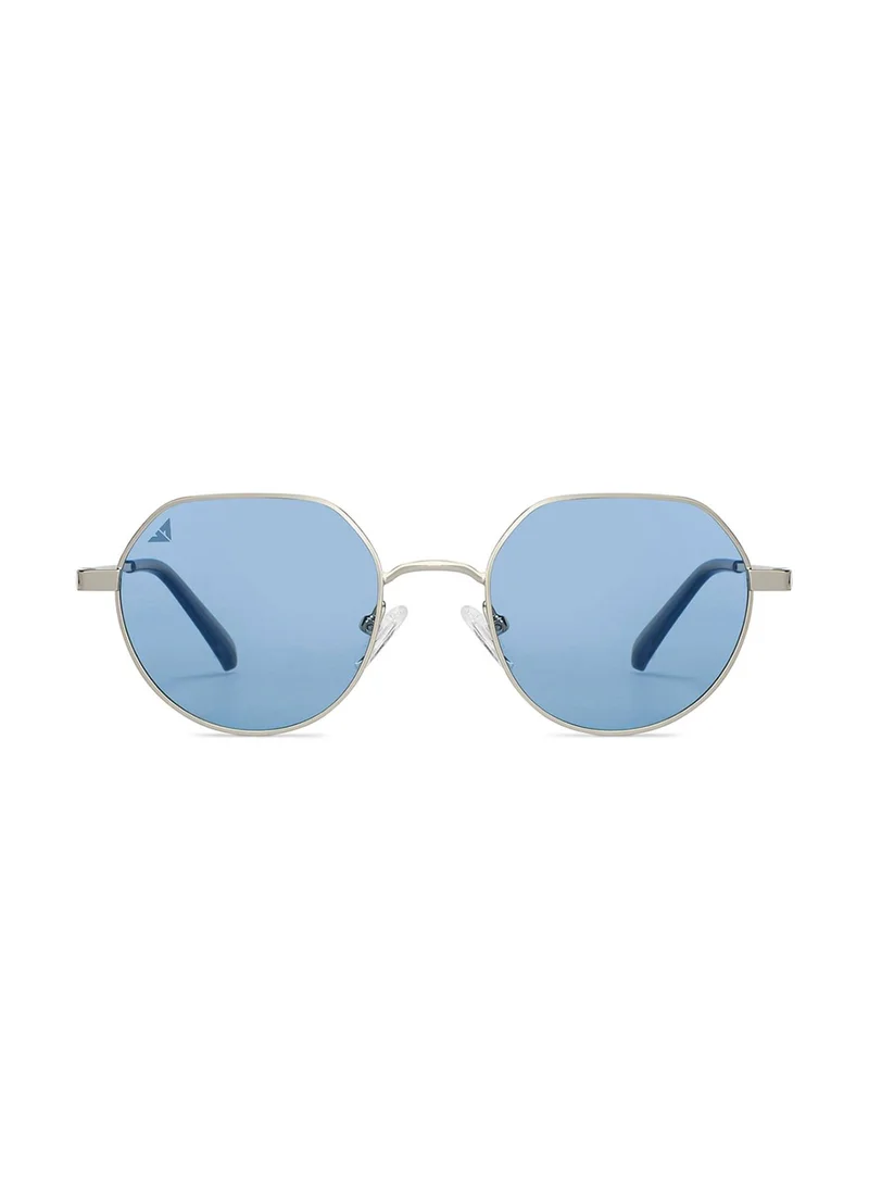 VINCENT CHASE Vincent Chase By Lenskart | Silver Blue Full Rim Round Branded Latest and Stylish Sunglasses | Polarized and 100% UV Protected | Men & Women | Small | VC S14505