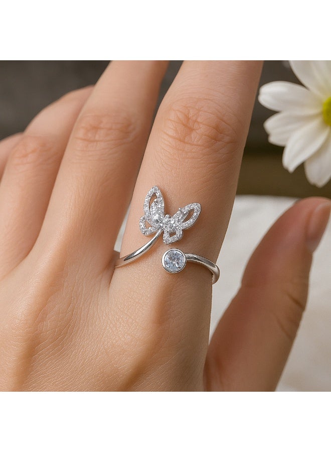 3Diamonds Platinum-Plated Butterfly Ring – Elegant Open Design with Zircon Stones for Women  - Image 2