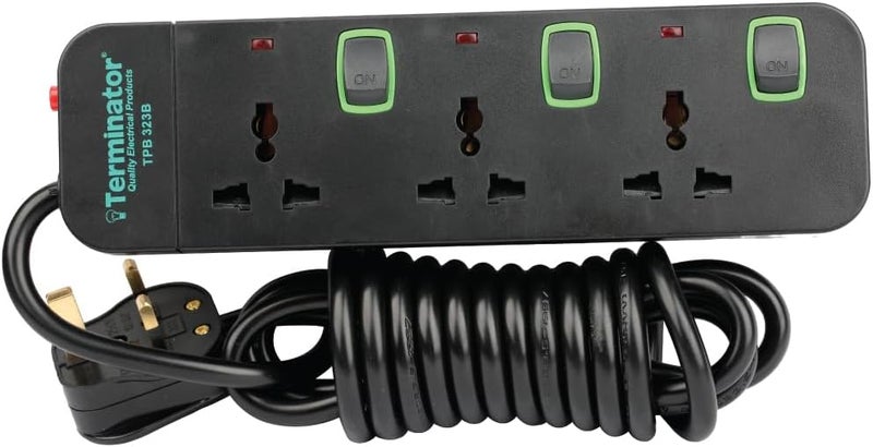 Terminator 3 Way Universal Power Extension Socket with Overload Protection and 3M Cable (TPB 323B-3M)