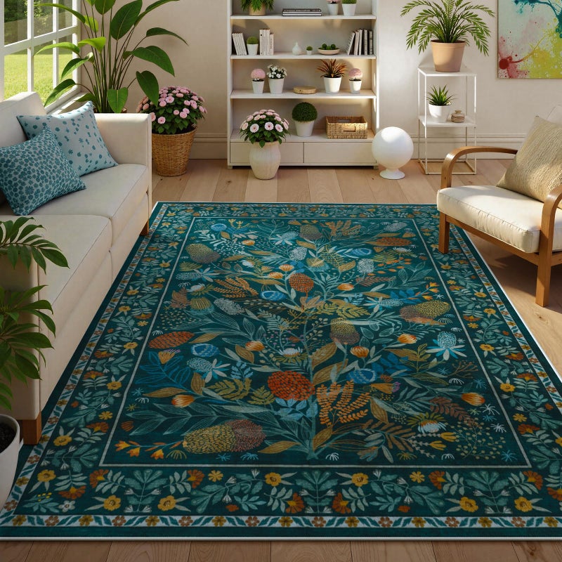 Anidaroel Botanical Print Washable Rugs 8x10, Non Slip Large Rugs for Living Room, Soft Modern Rug for Bedroom Stain Resistant Dining Room Rug for Under Table Indoor Accent Carpet, Teal - Image 1