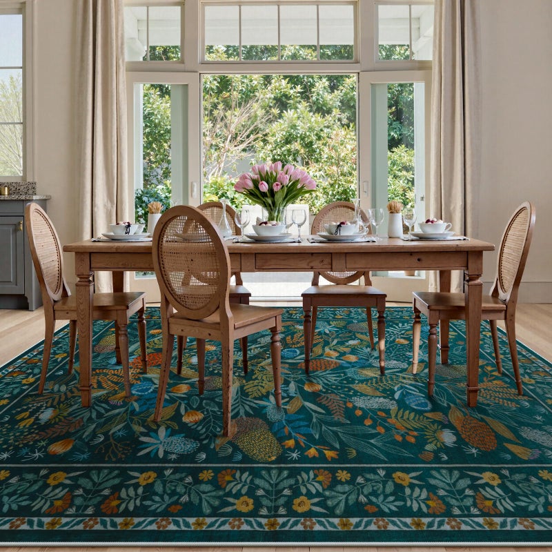 Anidaroel Botanical Print Washable Rugs 8x10, Non Slip Large Rugs for Living Room, Soft Modern Rug for Bedroom Stain Resistant Dining Room Rug for Under Table Indoor Accent Carpet, Teal - Image 3