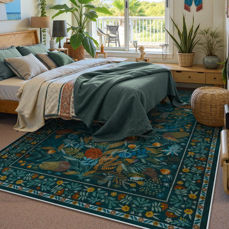 Anidaroel Botanical Print Washable Rugs 8x10, Non Slip Large Rugs for Living Room, Soft Modern Rug for Bedroom Stain Resistant Dining Room Rug for Under Table Indoor Accent Carpet, Teal - Image 4
